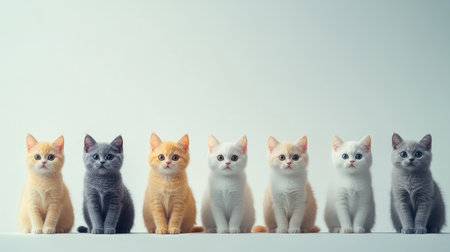 A charming lineup of British Shorthair kittens, showcasing their unique personalities and colors. Perfect for cat lovers and pet photography enthusiasts.の素材