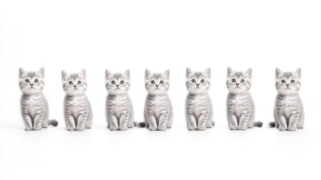 A charming lineup of adorable silver British kittens sitting in a row against a white background. Their playful nature and fluffy coats make for a delightful visual treat.の素材