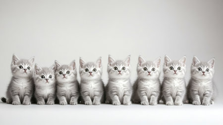 A delightful group of silver British Shorthair kittens sitting perfectly in a row, showcasing their adorable features and playful character against a soft background.の素材