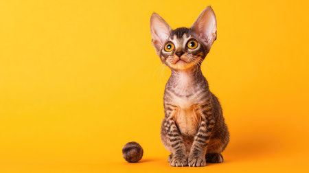 This charming Devon Rex kitten sits playfully against a bright yellow background. With its large eyes and soft fur, this kitten exudes cuteness and curiosity, making it an ideal subject for pet and animal photography.の素材