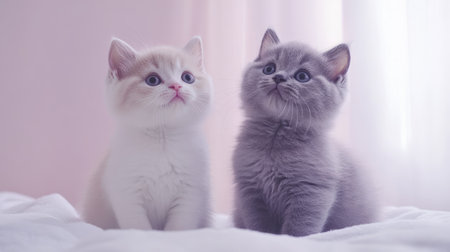 Two adorable British Shorthair kittens, one cream and one gray, sit together in soft light. Their curious expressions and fluffy coats create a warm and inviting scene, perfect for cat lovers.の素材