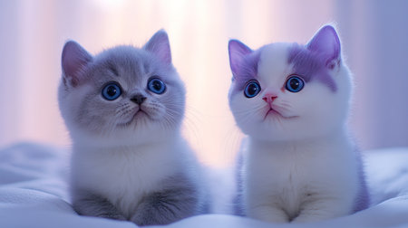Discover the charm of these adorable British Shorthair kittens, sitting together in soft light. Their captivating blue eyes and fluffy fur create a heartwarming scene.の素材