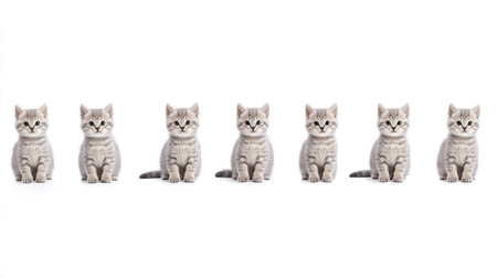 A charming collection of adorable silver British kittens lined up in a row, showcasing their playful nature and delightful expressions. Perfect for cat lovers!の素材