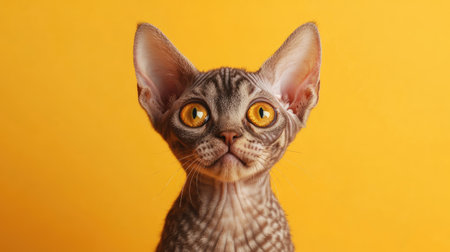 A charming Devon Rex kitten sits sideways, showcasing its playful personality. With bright eyes and a relaxed demeanor, this adorable pet is perfect for any cat lover's collection.の素材