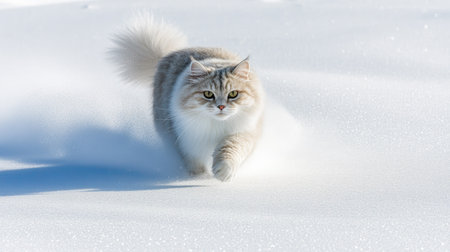 A beautiful Siberian cat gracefully walks across a serene snowy landscape, showcasing its thick fur coat in a playful manner against the winter backdrop.の素材