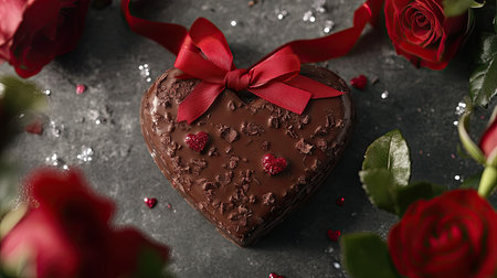 A beautifully crafted chocolate heart, topped with a red ribbon, surrounded by fresh roses and sparkling decorations for Valentine's Dayの素材