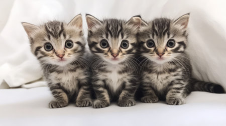 This charming image features a trio of three-week-old American Curl kittens, each with striking eyes and fluffy coats, perfectly capturing their playful nature.の素材