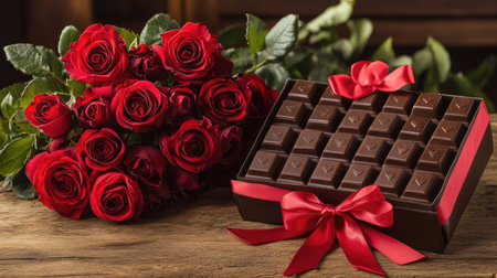 A beautifully wrapped Valentine chocolate gift box with a red ribbon, placed next to a bouquet of red roses on a wooden tableの素材