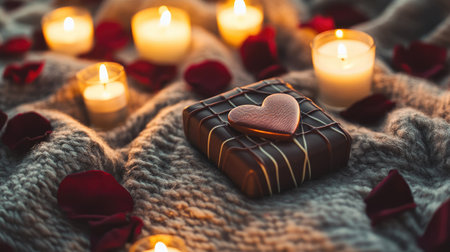 A beautifully wrapped Valentine chocolate package with a heart-shaped design, resting on a cozy blanket surrounded by candles and rose petalsの素材