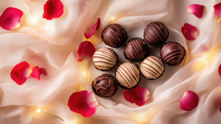 A beautiful arrangement of Valentine chocolate truffles, with delicate pink and red rose petals scattered around, set on a soft fabric background with romantic lightingの素材