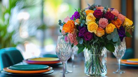 A cheerful bouquet of colorful roses in a simple glass vase, styled on a casual dining table with vibrant dinnerwareの素材