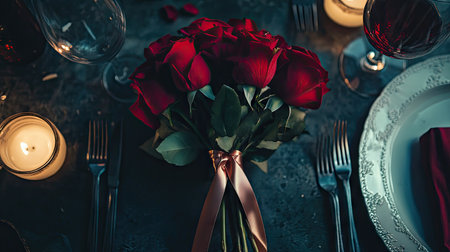 A bouquet of red roses tied with a satin ribbon, displayed on a romantic dinner table setupの素材