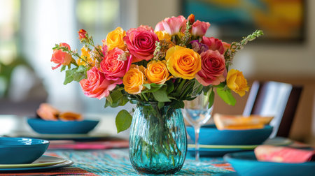 A cheerful bouquet of colorful roses in a simple glass vase, styled on a casual dining table with vibrant dinnerwareの素材