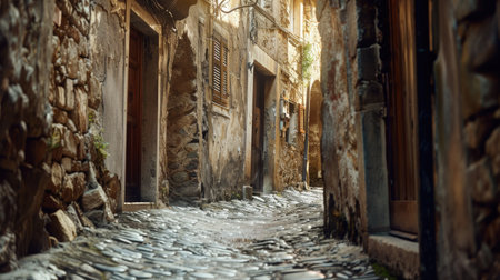 A narrow alleyway in an ancient town with cobblestone pavement and historic buildings, evoking old-world charm."の素材