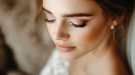 A bride with elegant bridal makeup, complete with soft, romantic tones, and delicate detailing, as she prepares for her special day in a beautifully decorated room.の素材