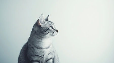 This serene portrait features a relaxed silver American Shorthair male cat, showcasing its calm nature and sleek appearance against a minimalist background.の素材