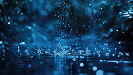 A natural blue water scene with falling raindrops forming ripples, capturing the dynamic and calming effect of rain in motionの素材