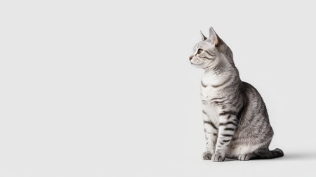 A striking silver American Shorthair cat sitting calmly, showcasing its elegant features and stripes. This portrait captures the feline's poised demeanor against a clean backdrop.の素材