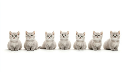 A delightful lineup of silver British Shorthair kittens, showcasing their charming expressions and playful demeanor. Perfect for animal lovers.の素材