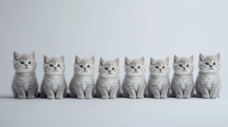 A charming lineup of eight adorable silver British Shorthair kittens. Their playful expressions and fluffy fur create an inviting and heartwarming scene, perfect for any cat lover.の素材