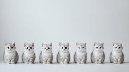 A delightful lineup of cute British Shorthair kittens, showcasing their silver patterned fur and expressive faces. Perfect for pet lovers and photography enthusiasts.の素材