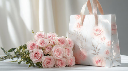 A beautifully wrapped bouquet of pink roses with metallic accents, resting on a designer gift bagの素材
