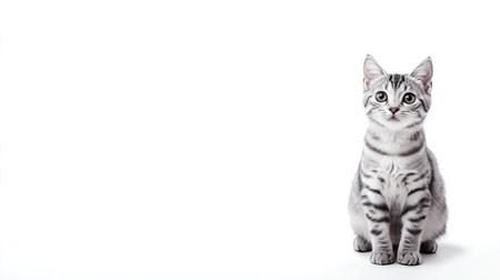 A charming silver American Shorthair cat sits gracefully, showcasing its adorable features. This portrait captures the essence of a playful and gentle feline companion. Perfect for pet lovers!の素材