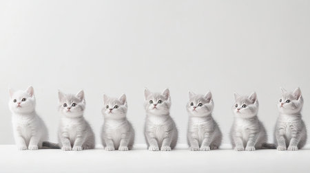 A delightful lineup of silver British Shorthair kittens showcases their playful and curious nature. Perfect for pet lovers and animal enthusiasts alike.の素材