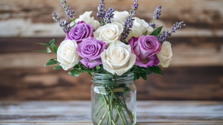 A charming rose bouquet arrangement with lavender and white roses, styled in a mason jar vase for a rustic, country-inspired lookの素材