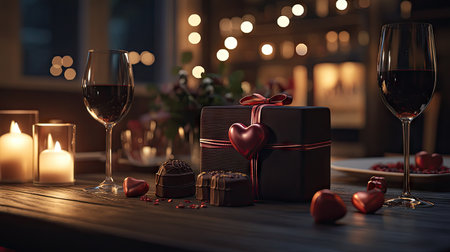 A beautifully wrapped Valentine chocolate gift, set on a dinner table alongside wine glasses and a candlelit atmosphere for a romantic eveningの素材