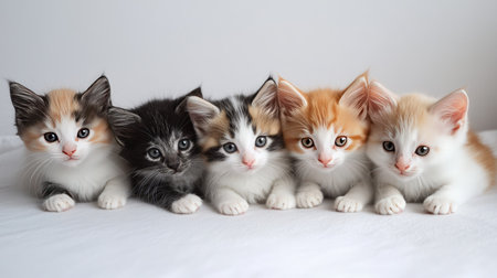 A delightful portrait of five colorful kittens lined up, showcasing their playful personalities and adorable features, perfect for animal lovers and cat enthusiasts.の素材