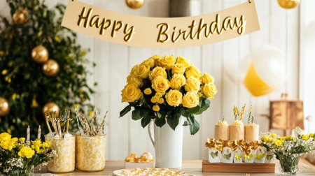 A birthday table setup featuring a bouquet of yellow roses and a banner with Happy Birthday written in goldの素材