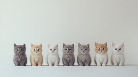 A charming collection of adorable kittens, featuring British Shorthairs in gray, orange, and white. Their playful expressions and fluffy fur capture the essence of cuteness.の素材