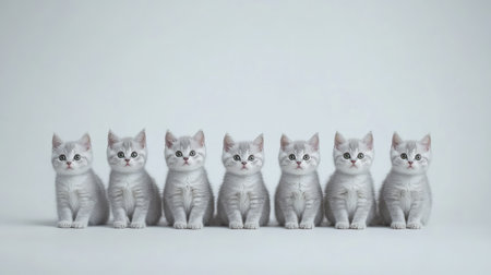 A charming group of seven silver British Shorthair kittens sitting in a row, showcasing their playful and adorable personalities in a serene studio setting.の素材