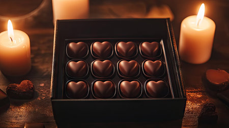 A close-up of a chocolate heart box opened to reveal individual heart-shaped truffles, with a romantic candlelit atmosphere surrounding itの素材