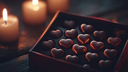 A close-up of a chocolate heart box opened to reveal individual heart-shaped truffles, with a romantic candlelit atmosphere surrounding itの素材