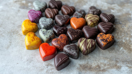 A collection of chocolate hearts in various flavors, arranged in a heart shape on a clean white surface with soft bokeh lightingの素材