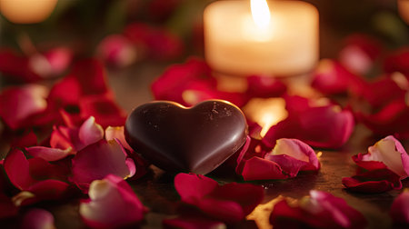 A close-up of a chocolate heart surrounded by soft pink and red rose petals, with a warm candlelight glow in the backgroundの素材