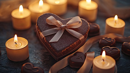 A close-up of Valentine chocolate packaging with a beautiful heart-shaped box, adorned with a satin ribbon, surrounded by soft-focus candlesの素材