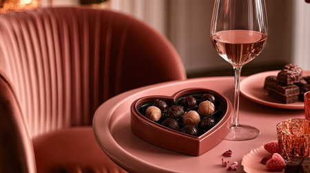 A cozy Valentine chocolate set featuring a heart-shaped chocolate box, filled with decadent chocolates, and set on a romantic table with a glass of wineの素材