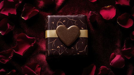 A close-up of Valentine chocolate packaging with a gold ribbon and heart-shaped design, placed on a velvet surface surrounded by rose petalsの素材