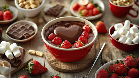 A creative Valentine chocolate idea with a heart-shaped chocolate fondue set, surrounded by strawberries, marshmallows, and other dipping treats on a cozy tableの素材
