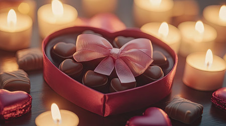 A close-up of Valentine chocolate packaging with a beautiful heart-shaped box, adorned with a satin ribbon, surrounded by soft-focus candlesの素材