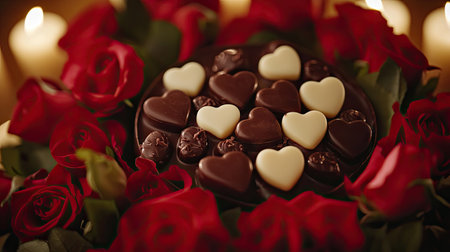 A close-up of a chocolate bouquet with a mix of milk and dark chocolate hearts, surrounded by fresh red roses and romantic candlelightの素材
