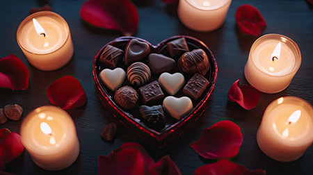 A close-up of a heart-shaped Valentine chocolate gift box with assorted chocolates, surrounded by candles and soft rose petalsの素材