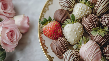 A close-up of Valentine chocolate strawberries with a variety of coatings, including white, milk, and dark chocolate, placed on a plate with soft pink rosesの素材