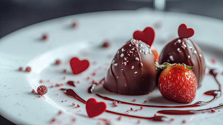 A close-up of Valentine chocolate strawberries with glossy chocolate coatings and decorative drizzle, placed on a delicate white plate with romantic ambianceの素材