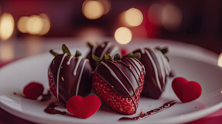 A close-up of Valentine chocolate strawberries with glossy chocolate coatings and decorative drizzle, placed on a delicate white plate with romantic ambianceの素材