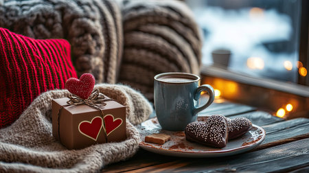 A cozy setting with a Valentine chocolate box placed on a rustic table, next to a mug of hot cocoa and a heart-shaped plate of cookiesの素材