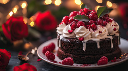 A close-up of a Valentine chocolate cake topped with fresh red berries and whipped cream, surrounded by roses and soft, ambient lighting for a cozy vibeの素材